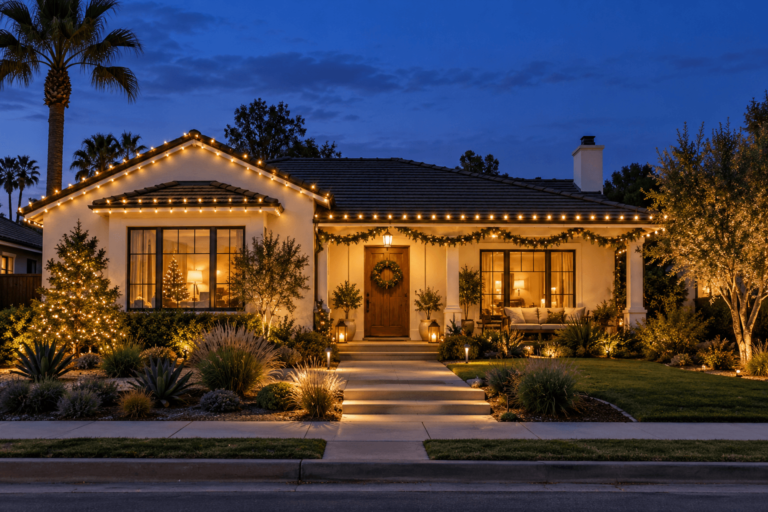 Warm-white holiday lights outline a stucco home's roof and porch beneath a blue evening sky.