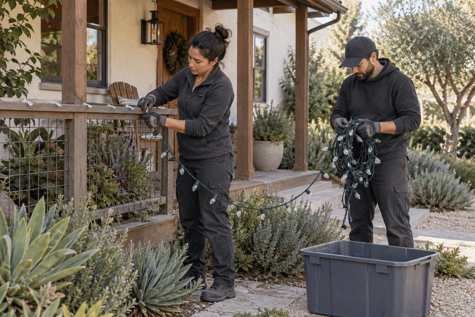 Two illustrated installers remove seasonal lights from a porch rail and gather the strand.